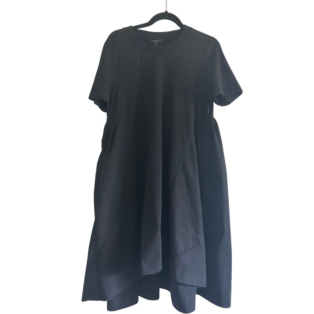 COS Black Mixed Media Jersey Poplin Midi Dress M Asymmetric High Low Pockets